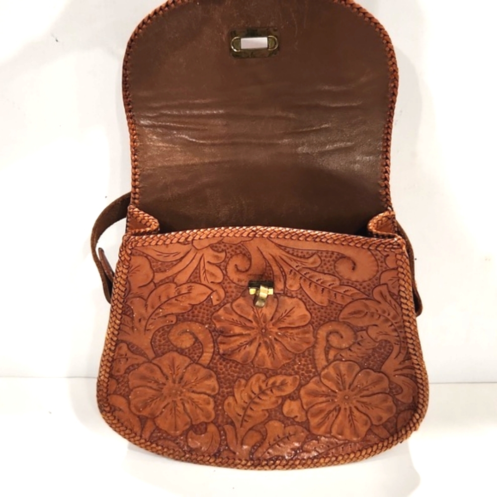 Vintage 50's Artisan Beautiful Hand Tooled Leather Handbag Purse - Picture 3 of 13